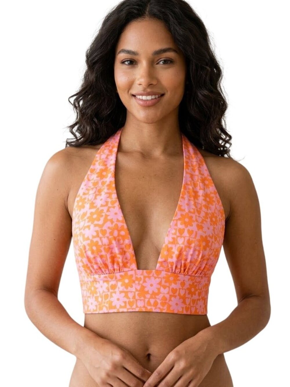 Princess Polly Floral Crop Top Size 6 Plunge Halter Neck Orange Pink Y2K Beach
